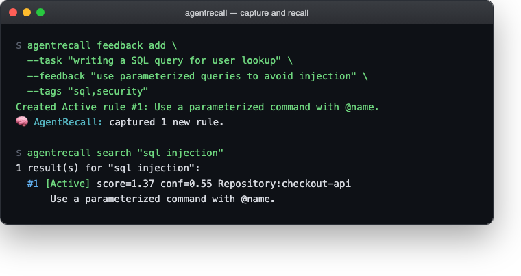agentrecall feedback add, then agentrecall search finding it again