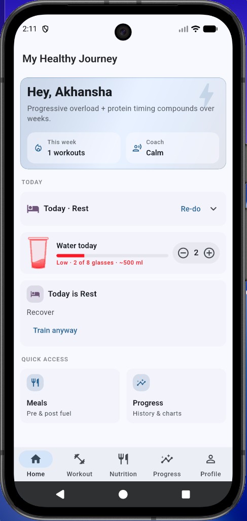 Home — daily plan, hydration tracker, quick access
