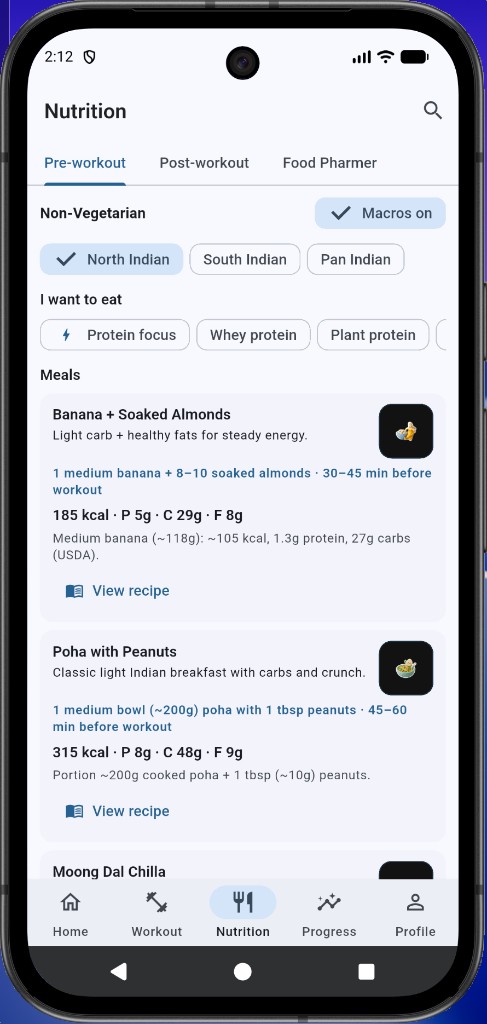 Nutrition — pre-workout Indian meal library