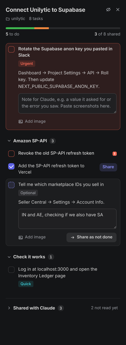 A checklist in VS Code: an urgent task pinned at the top, grouped tasks below, and a progress bar showing 3 of 8 tasks shared with Claude
