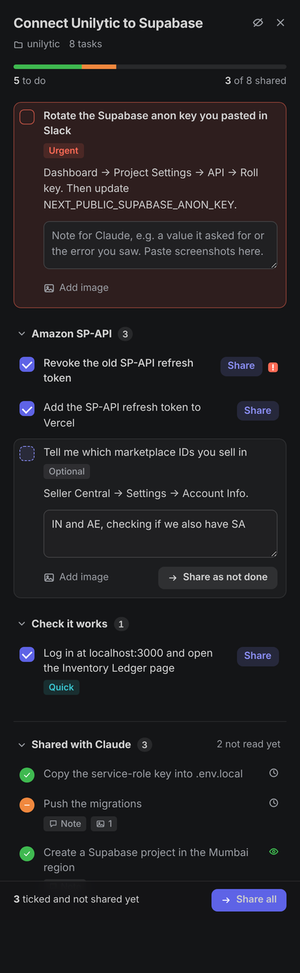 Several ticked tasks with a Share all bar at the bottom, and the Shared with Claude section showing which tasks Claude has read