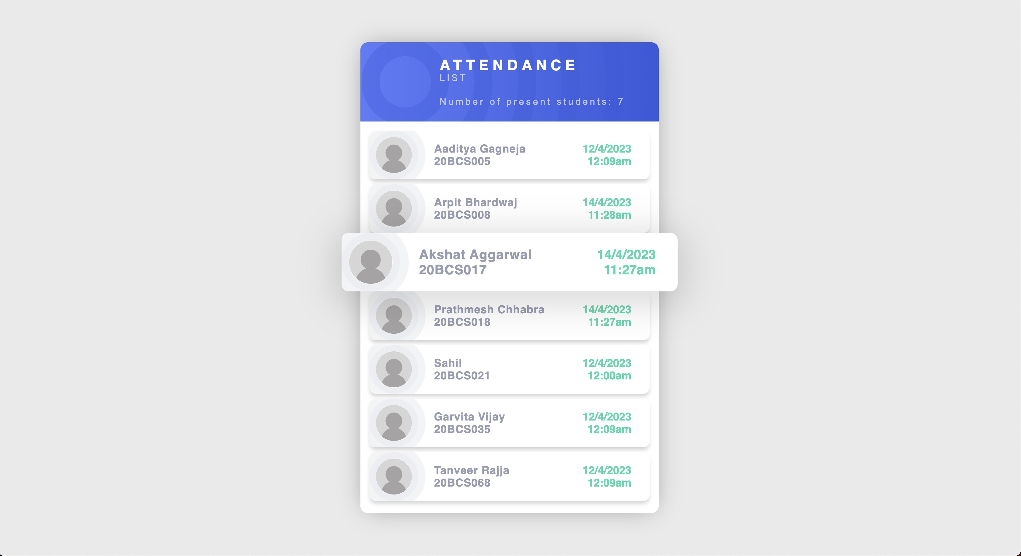 Attendance list while hovering