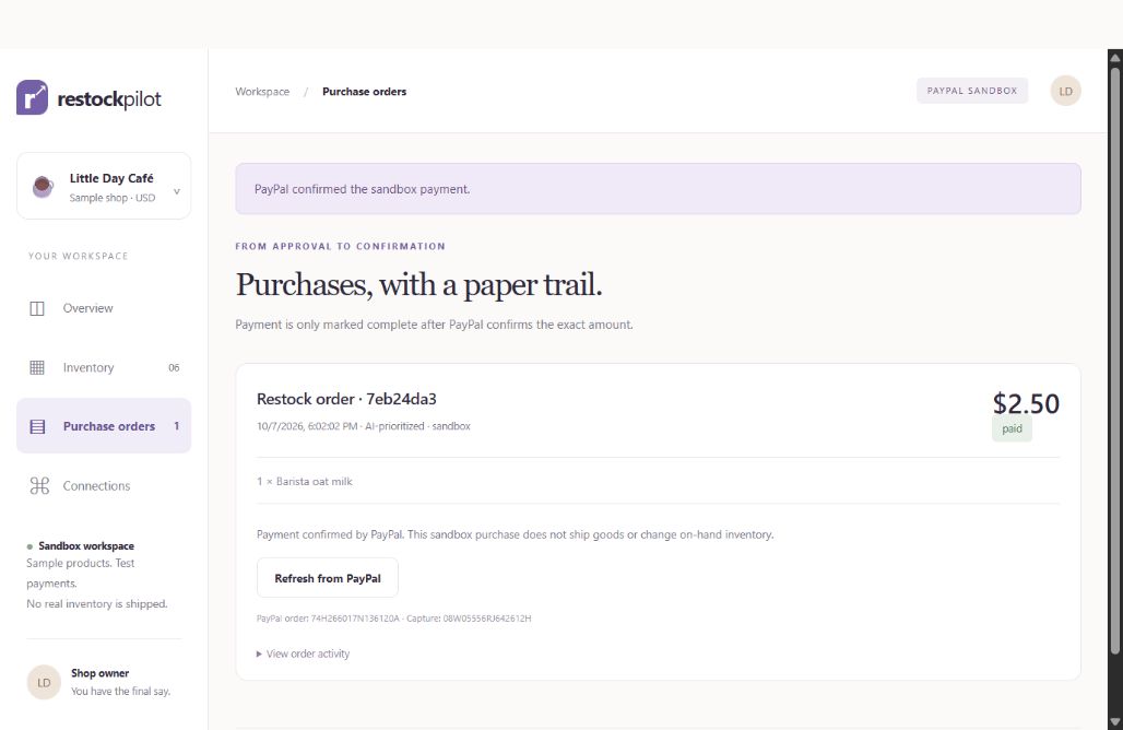 Verified PayPal sandbox payment