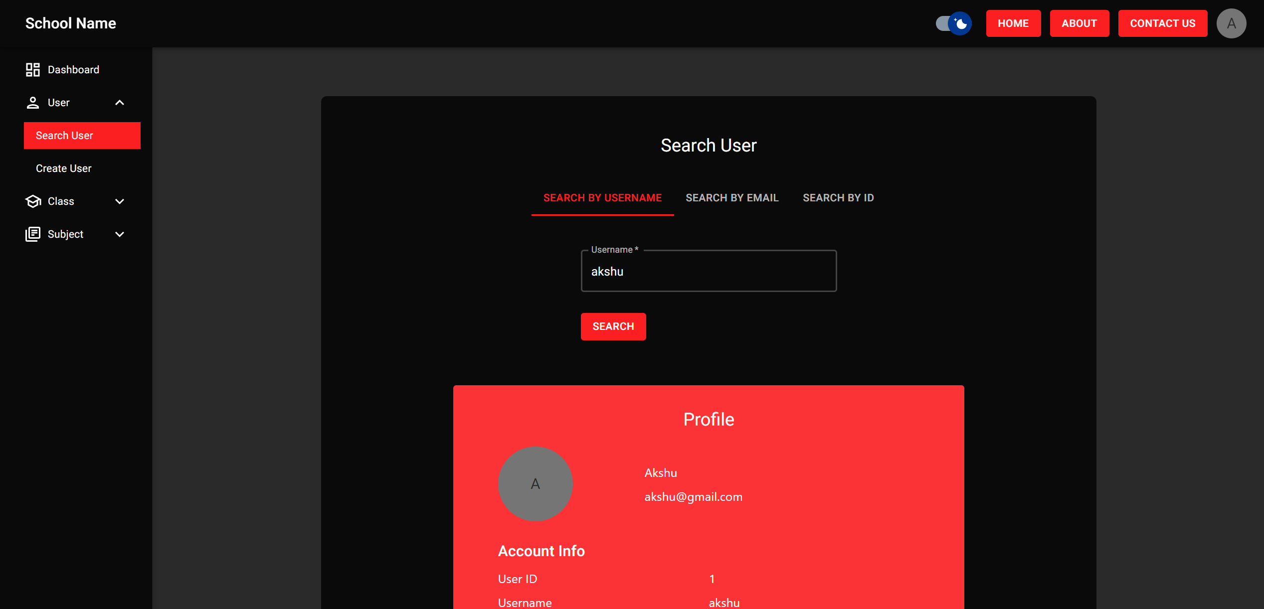 Admin Dashboard - Search User (Dark)