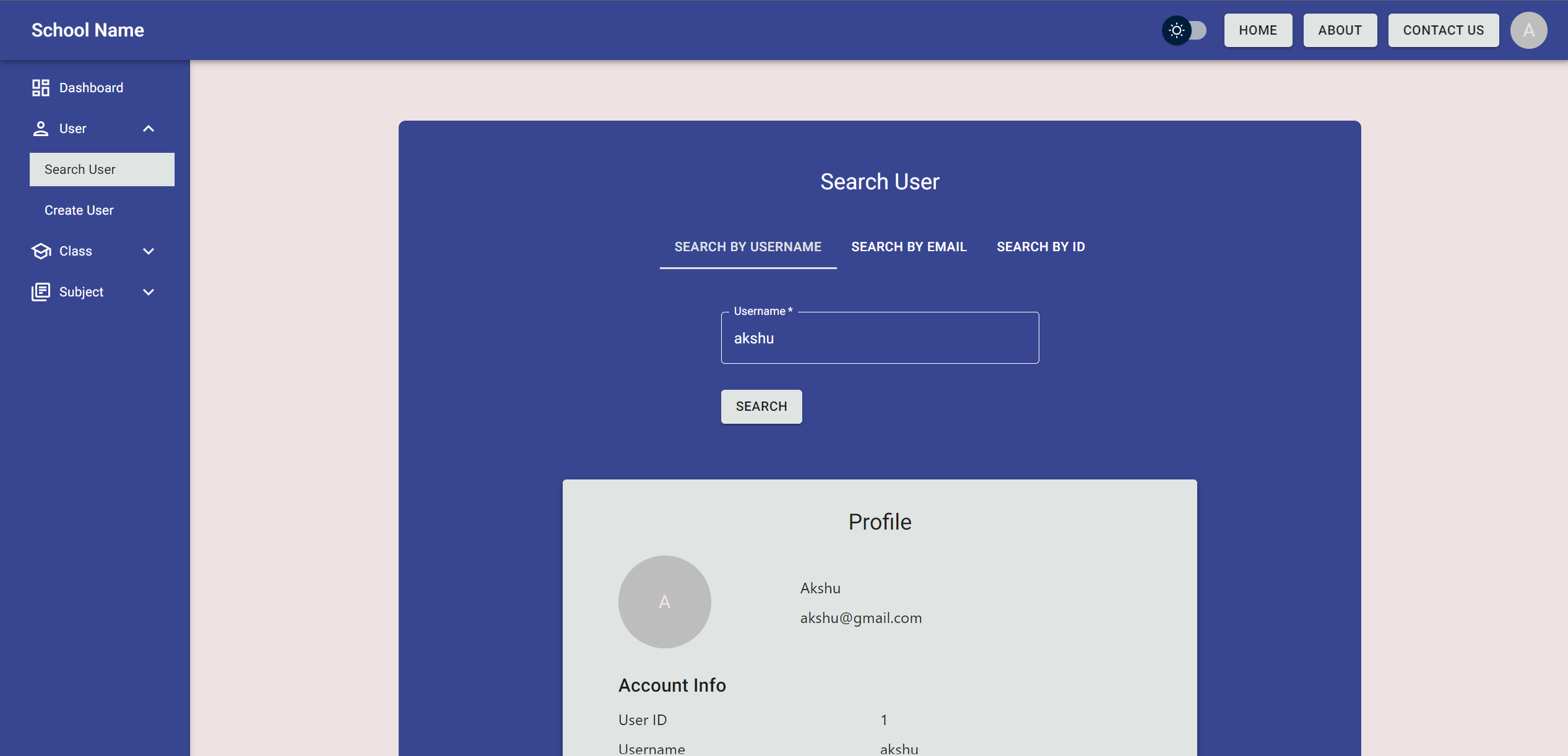 Admin Dashboard - Search User (Light)