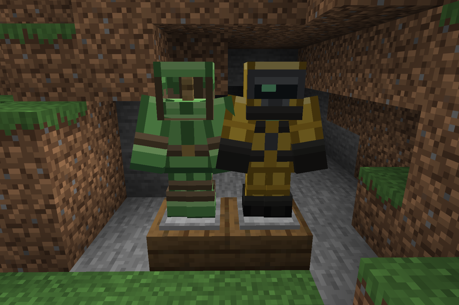 The insulated set and the radiation shielding suit displayed on armour stands