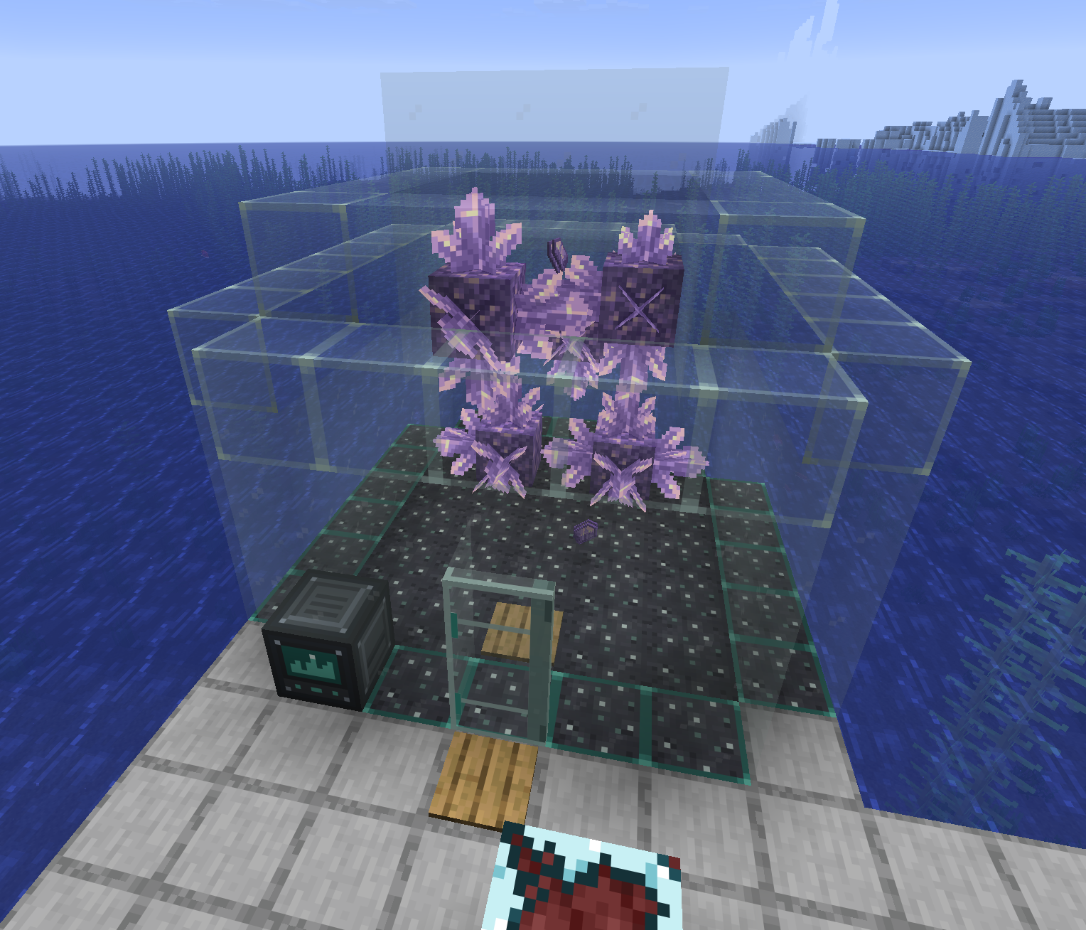 A sealed crystal greenhouse with amethyst clusters growing on seedbeds