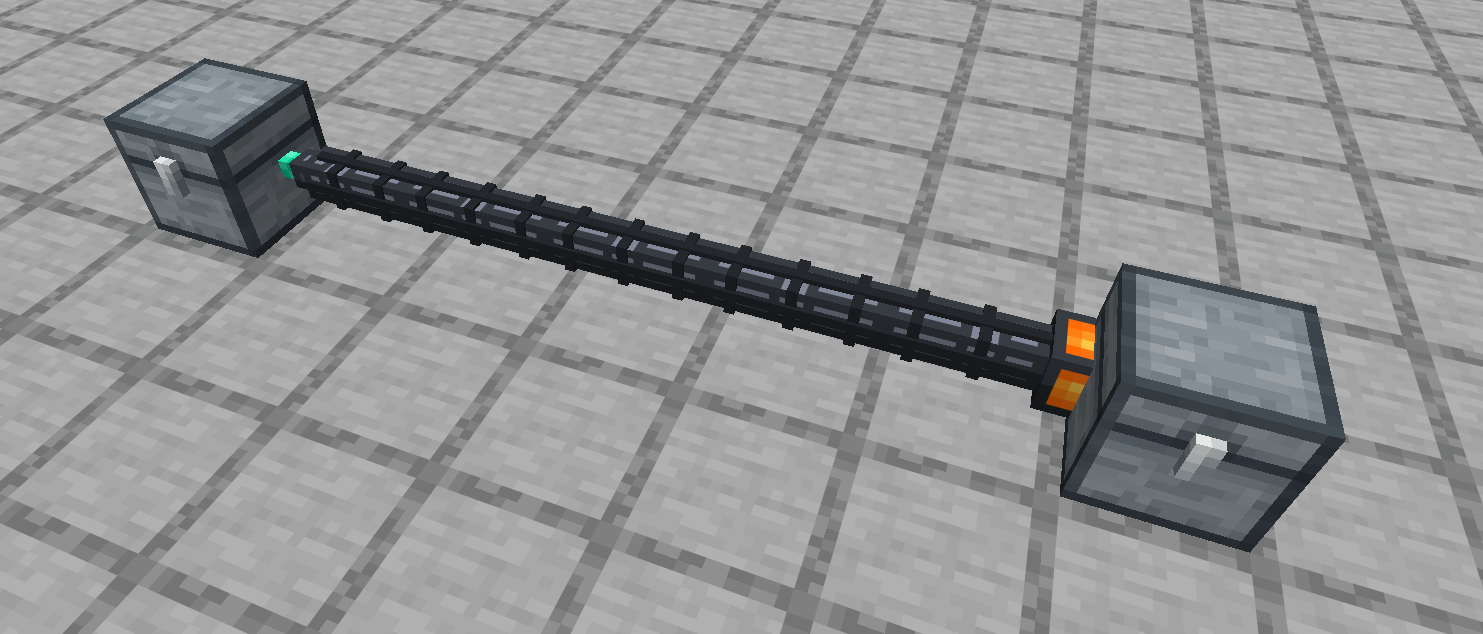 The new item pipe running between two chests, a teal nozzle on one end and an orange flange on the other