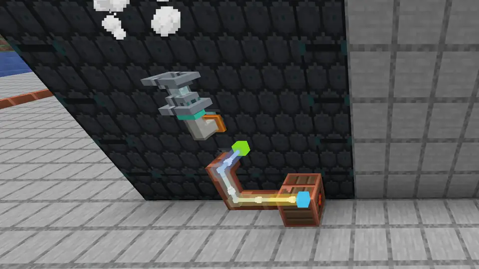 Network Analyzer beam with sparks running from a nuclear reactor outlet along a copper cable into a storage block