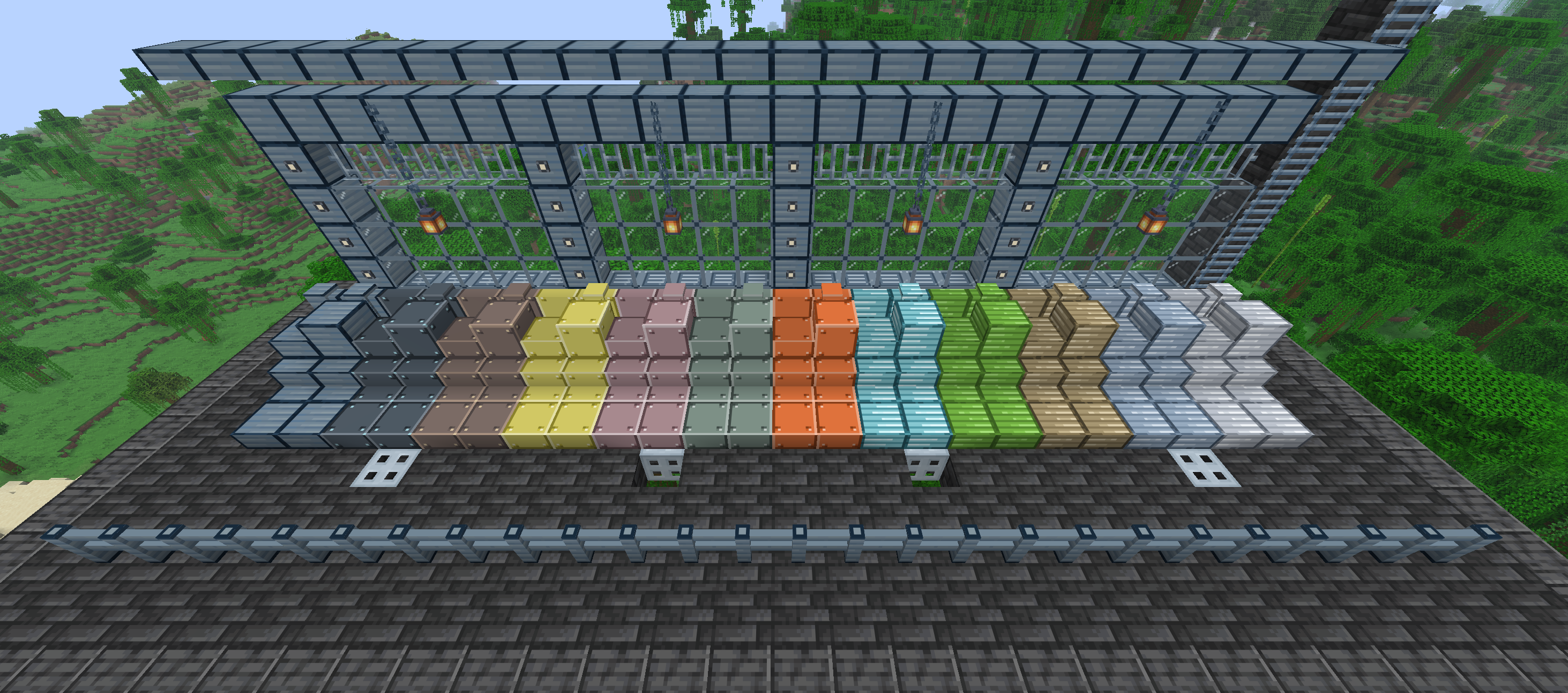 Ala Industrial Minecraft mod: metal blocks, stairs and walls before a tempered iron facade with reinforced glass and small lights