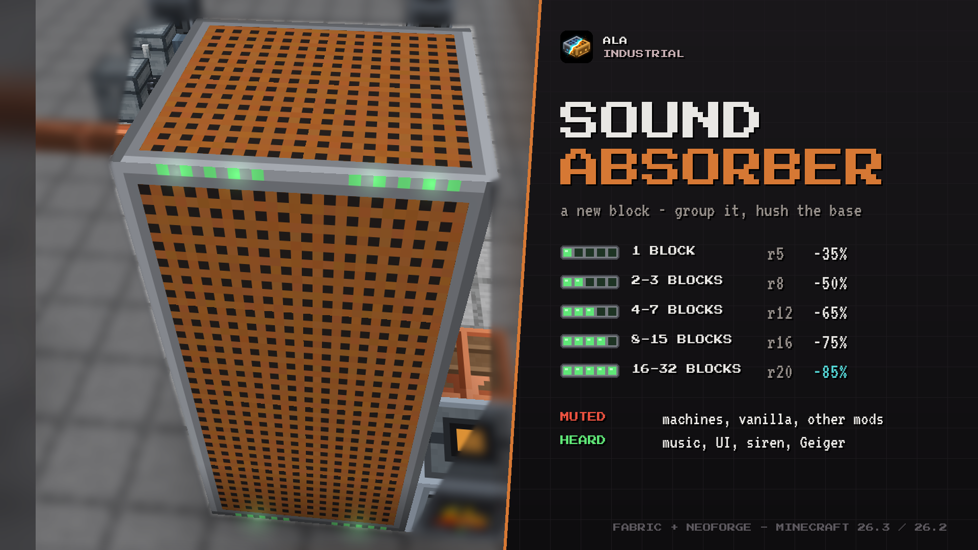 Ala Industrial Minecraft mod: a tall sound absorber group with green tier lamps beside its tier table