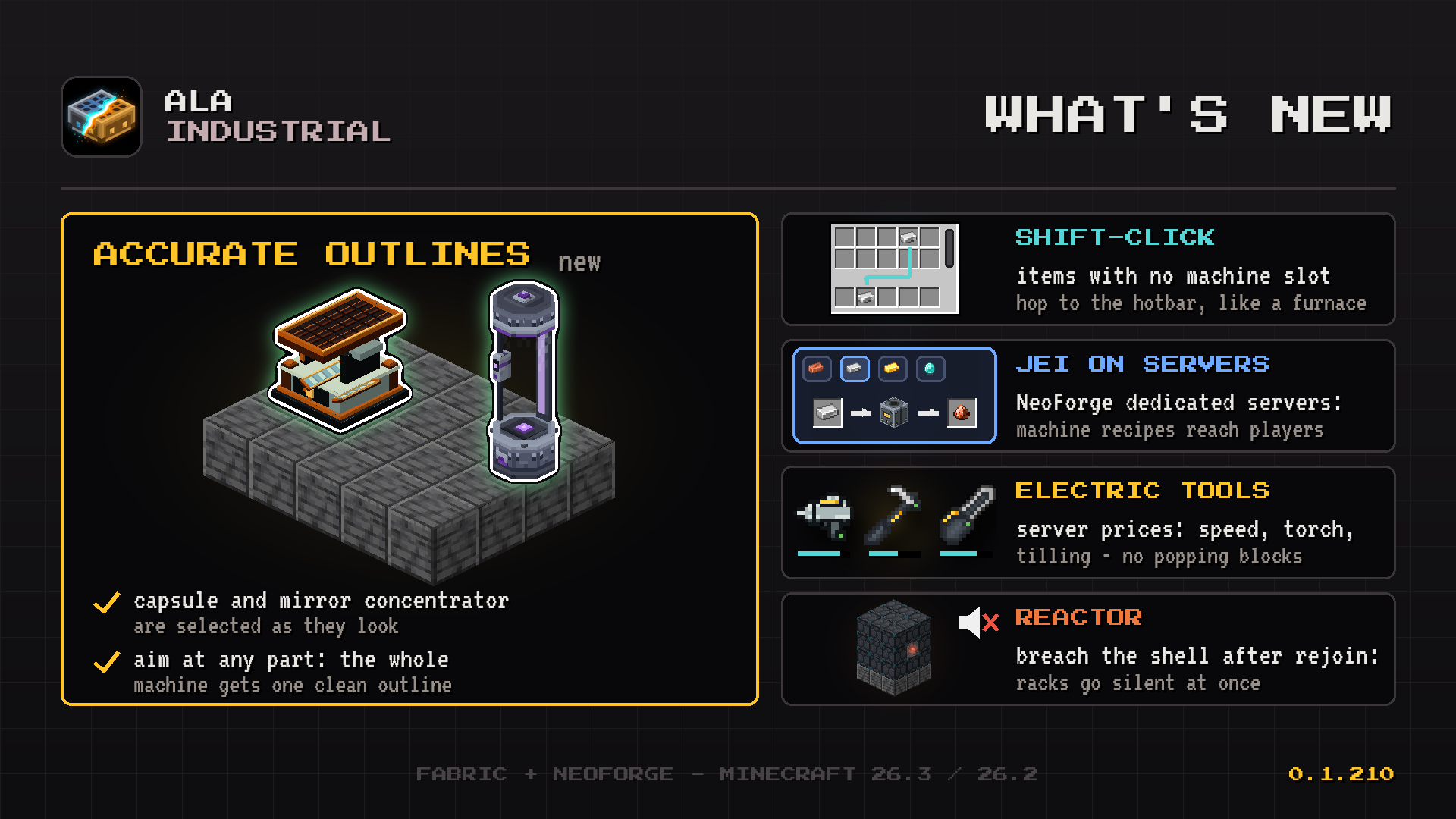 Ala Industrial Minecraft mod: teleporter capsule and mirror concentrator outlined as whole structures, plus four fixes