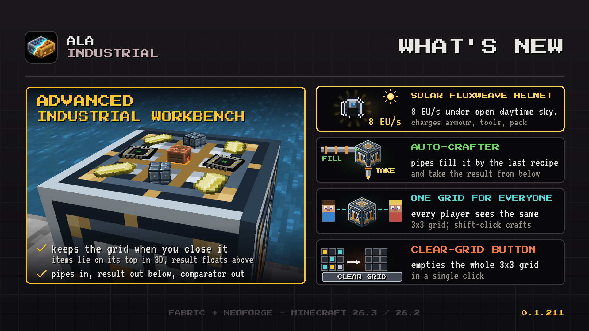 Ala Industrial Minecraft mod: advanced workbench with items on its top and a solar panel helmet for the armour set