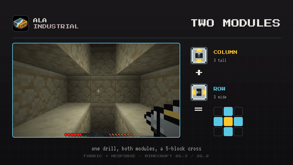 Ala Industrial Minecraft mod: an electric drill with the column and row bore modules digging a tunnel in a five block cross