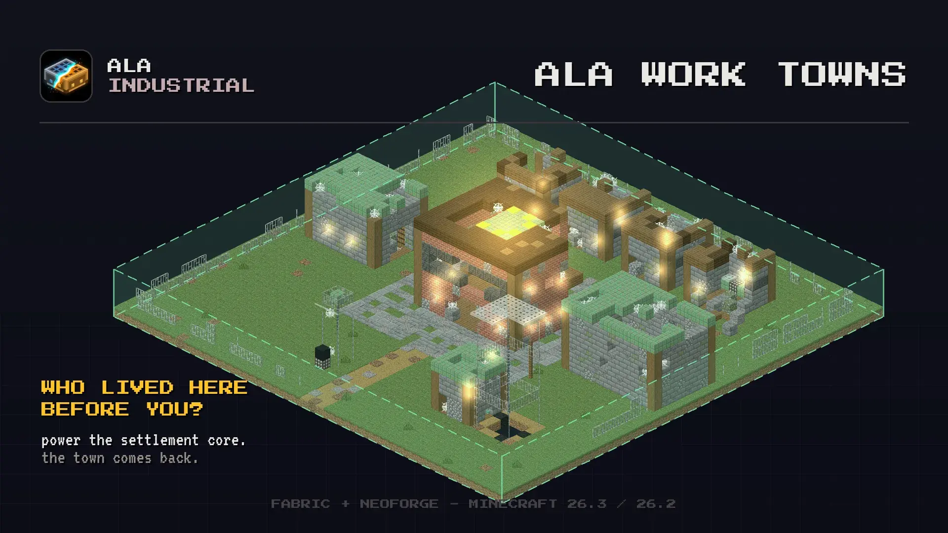 Ala Industrial Minecraft mod: an abandoned ALA work town at night, its windows lighting up from the town hall and a dome marking its border