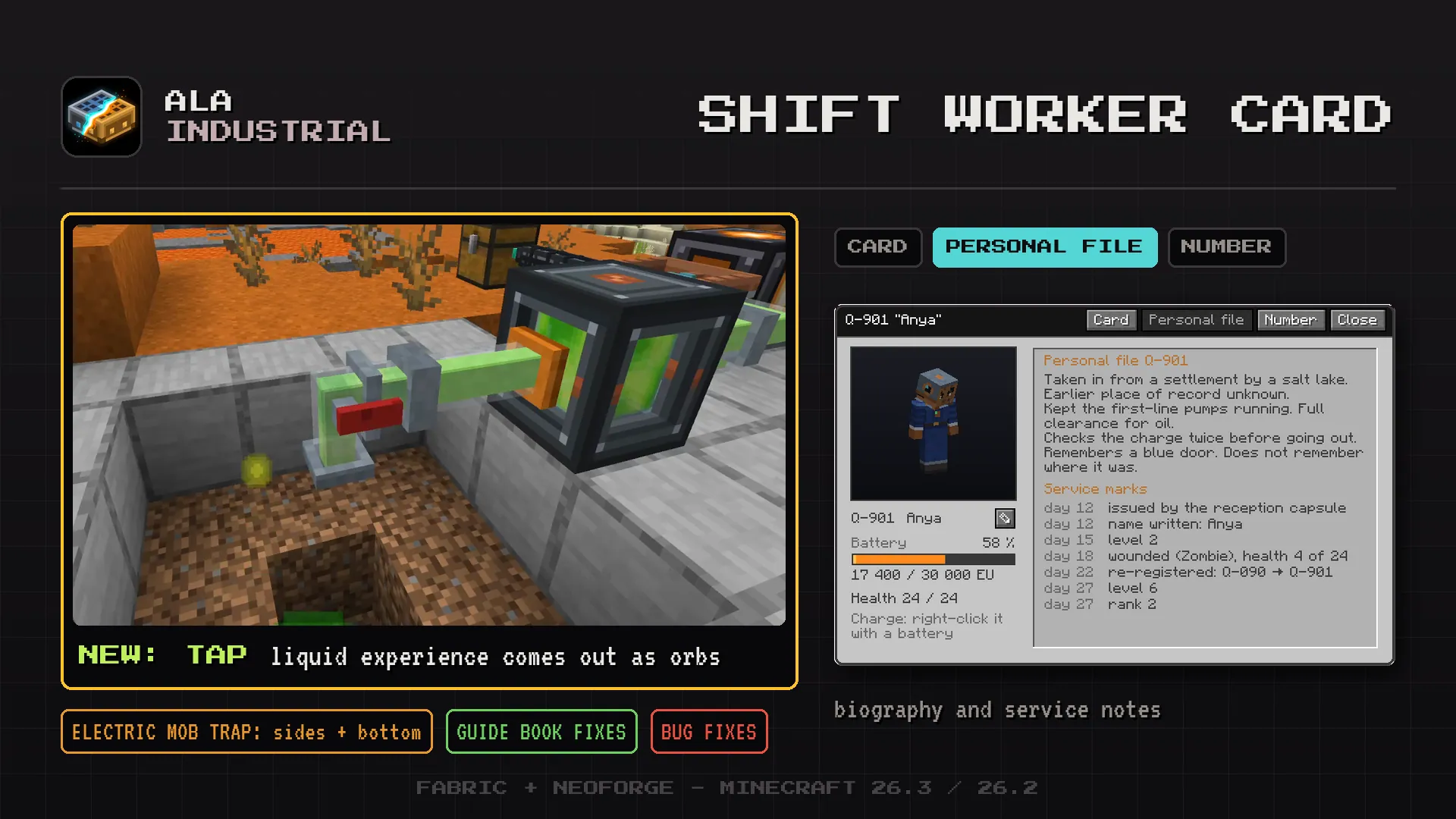 Ala Industrial Minecraft mod: shift worker profile card tabs beside a fluid tap pouring liquid experience