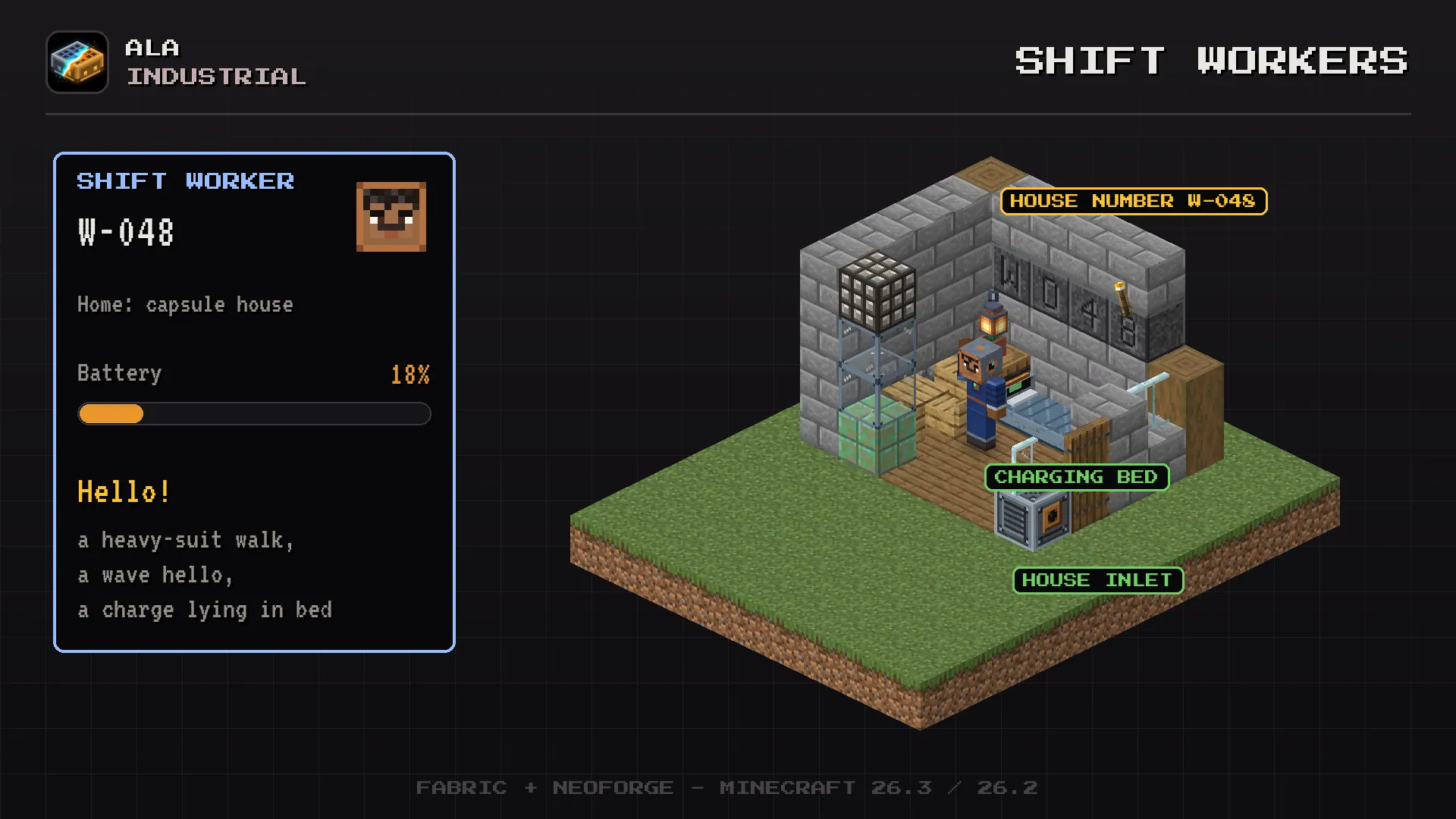 Ala Industrial Minecraft mod: a shift worker walks into a restored house, waves and lies down on the charging bed