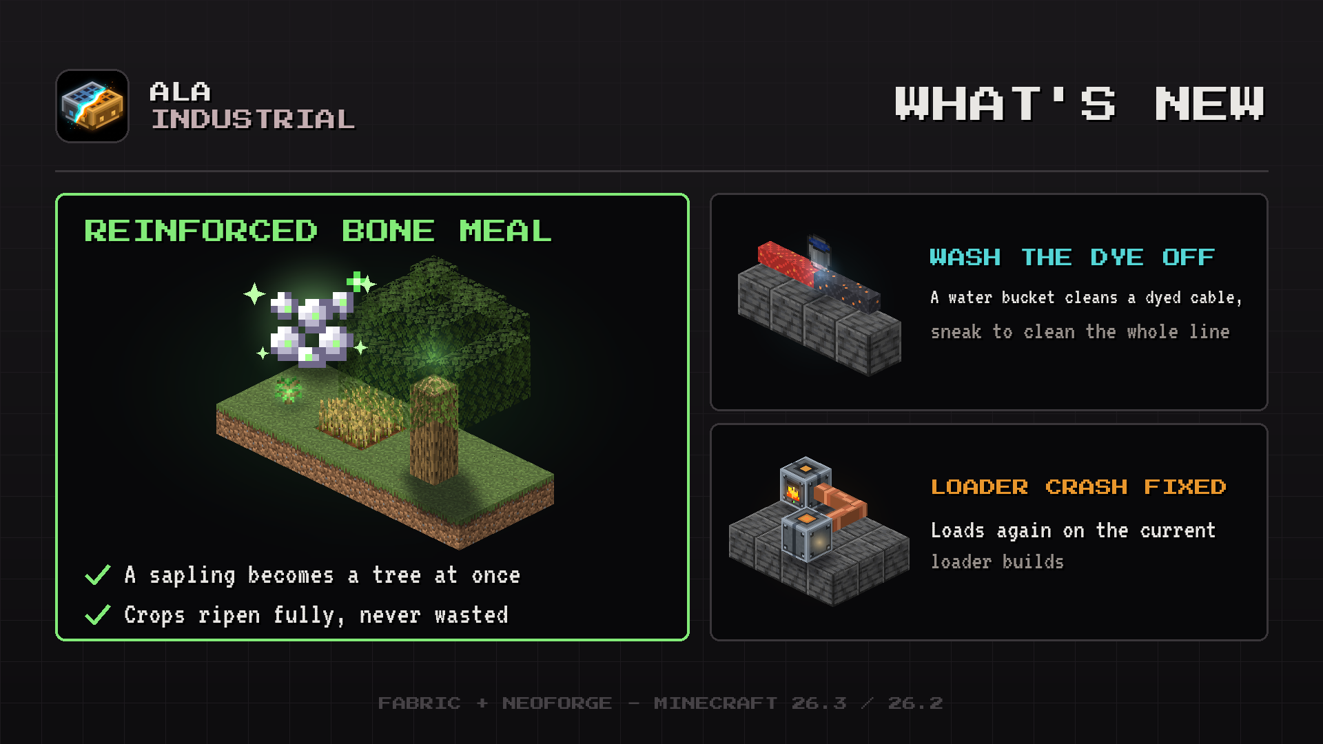 Ala Industrial Minecraft mod: Reinforced Bone Meal grows a tree at once, a water bucket washes dye off cables