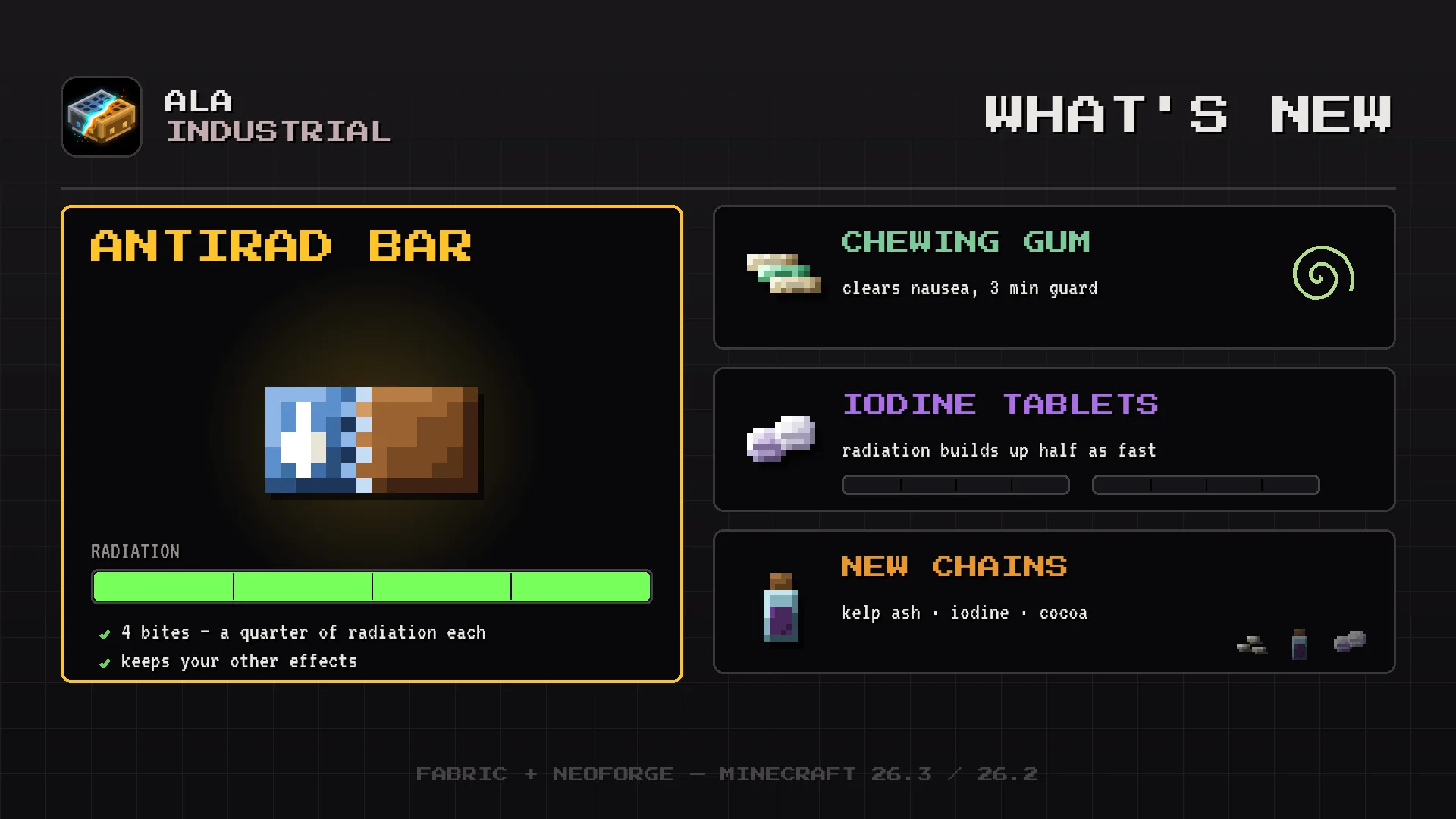 Ala Industrial Minecraft mod: the Antirad bar bitten down, rubber chewing gum and iodine tablets beside a radiation meter
