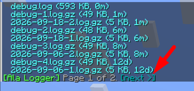 The list command in chat, showing page 1 of 2 with a next button