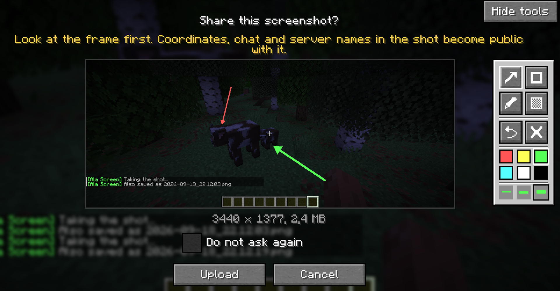 The Mark up panel open next to a screenshot, with two arrows drawn on it