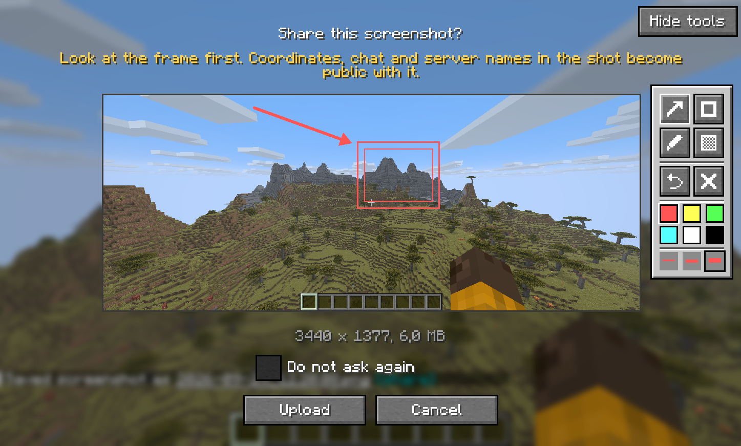 The confirmation screen in Minecraft 26.3: a savanna shot with an arrow and a frame drawn on it, the Mark up tools beside it