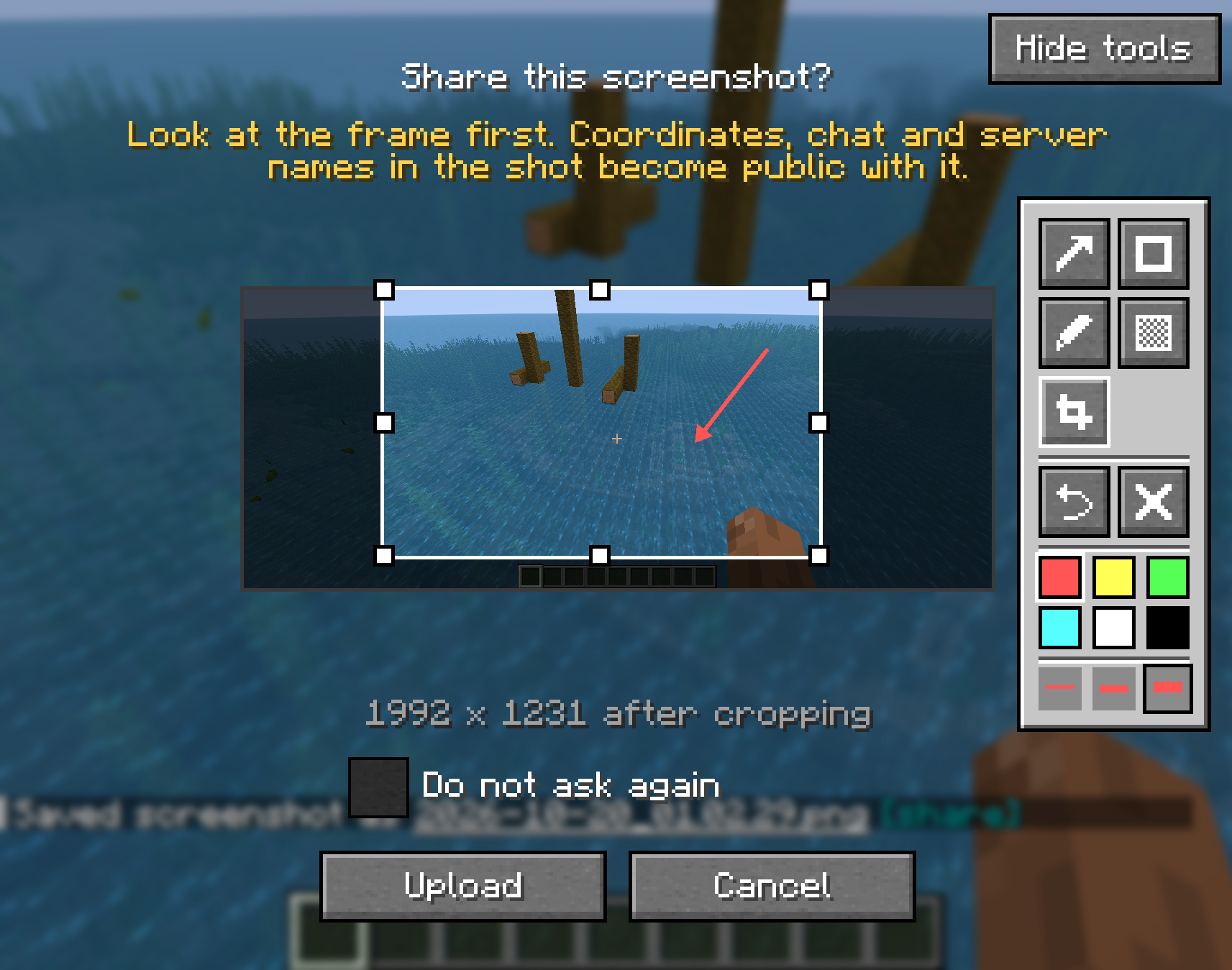 The confirmation screen with a crop frame around part of the shot, an arrow inside it, and the Crop tool selected in the Mark up panel