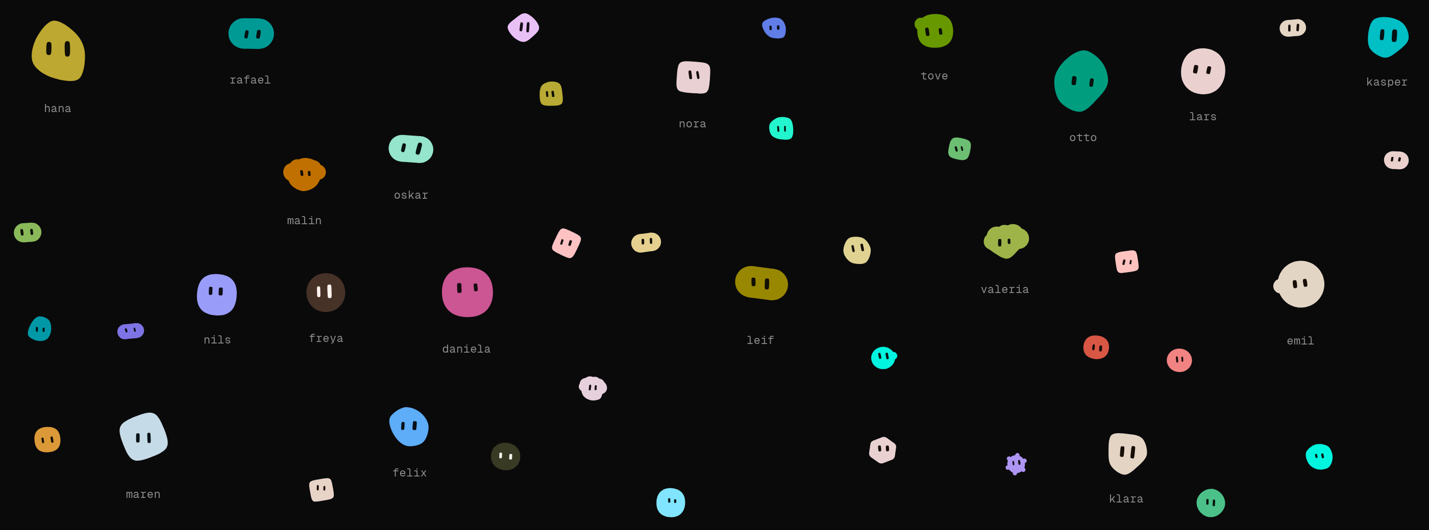 A field of forty-odd blobatars, no two alike, each generated from an ordinary handle like alain, tove or kasper
