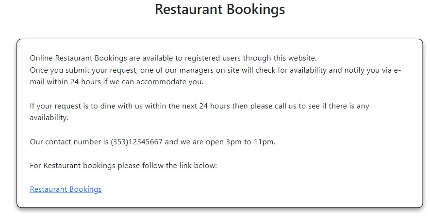 Restaurant booking details