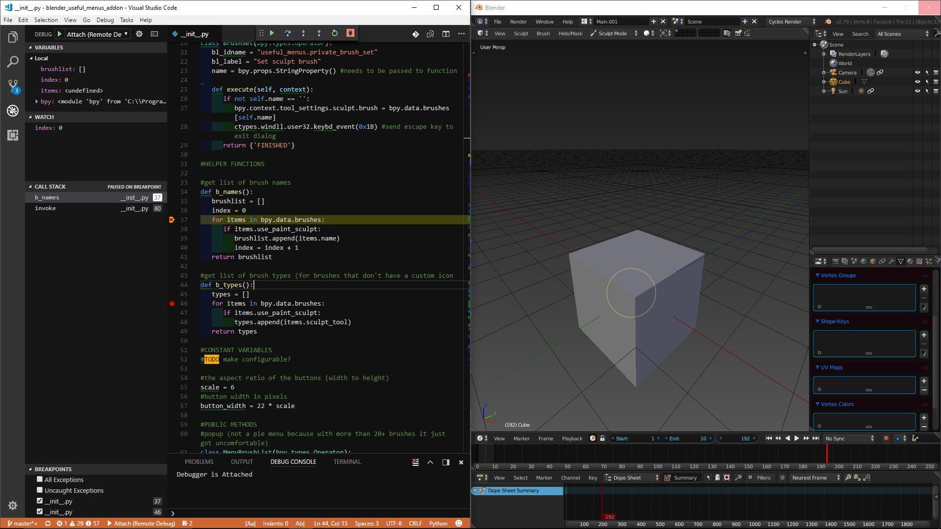 Image Showing VS Code side by side with Blender paused at a breakpoint. In the console, a "Debugger is Attached" Statement is printed.