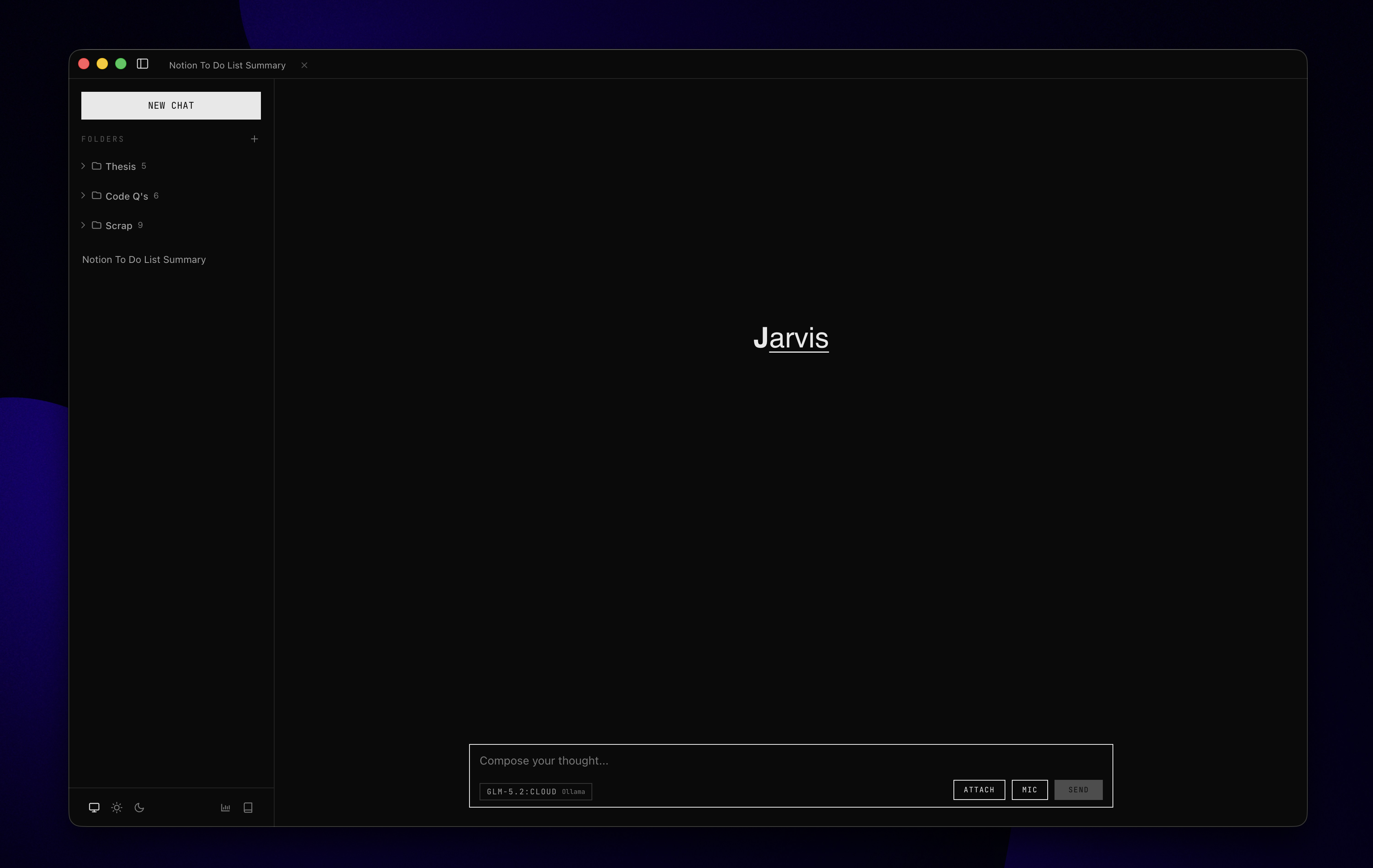 Jarvis desktop app showing the dark chat workspace
