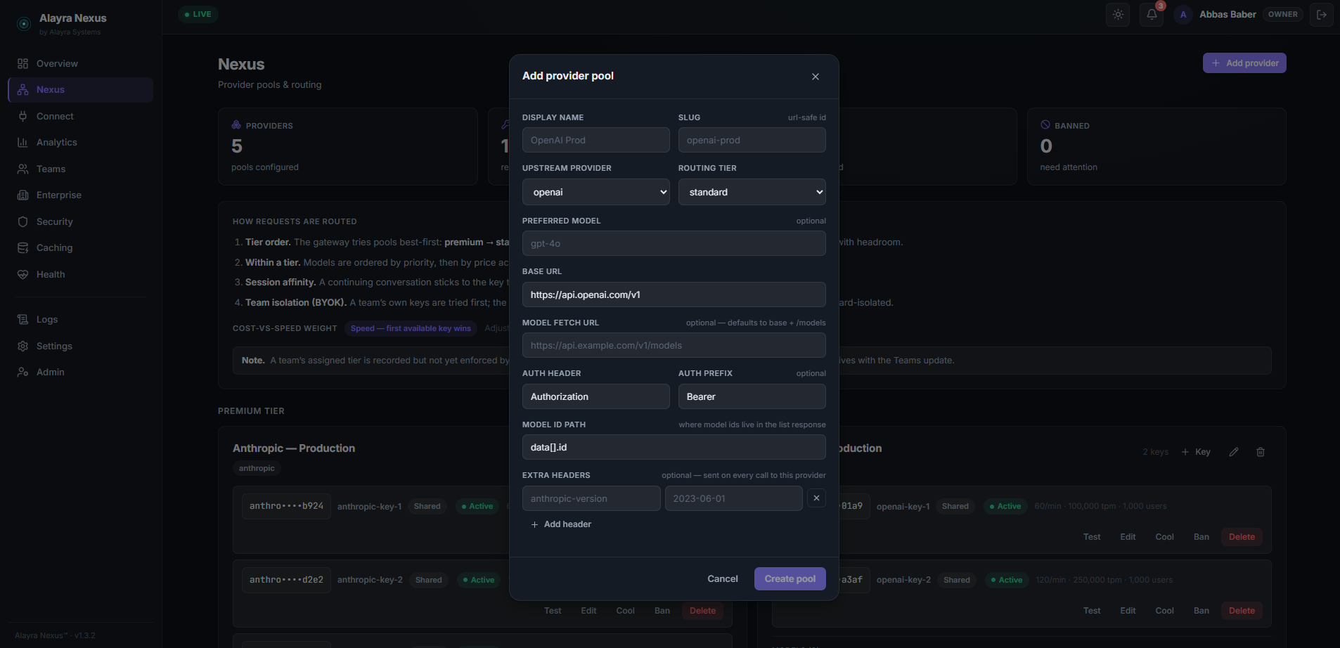 The add-provider dialog, covering base URL, auth header, model id path and extra headers