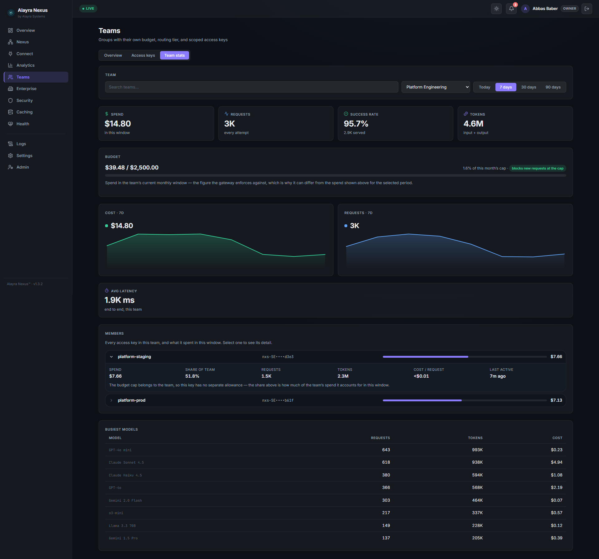 Team detail — budget consumption, per-key spend share, and busiest models