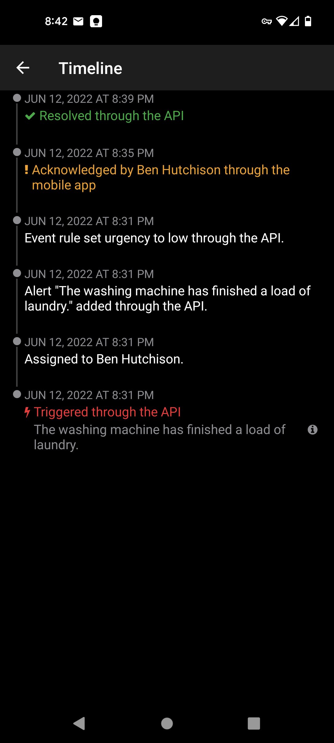 Incident timeline in the PagerDuty Android app