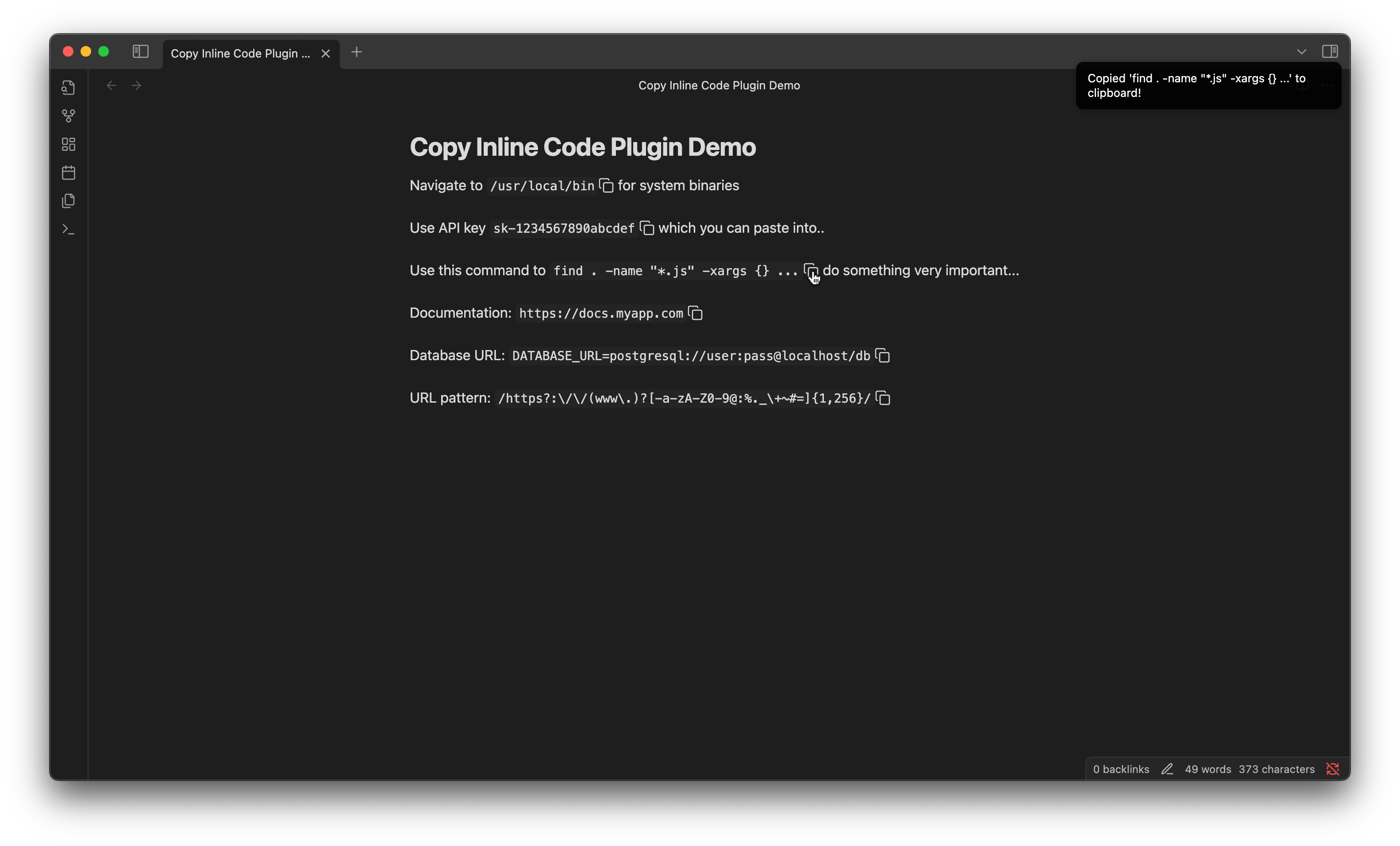 Screenshot of the copy inline code plugin