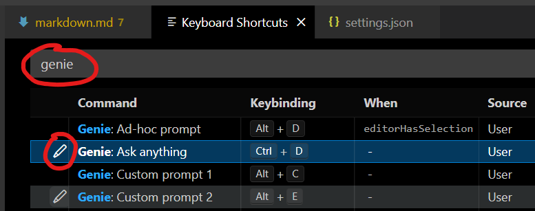 edit genie shortcuts