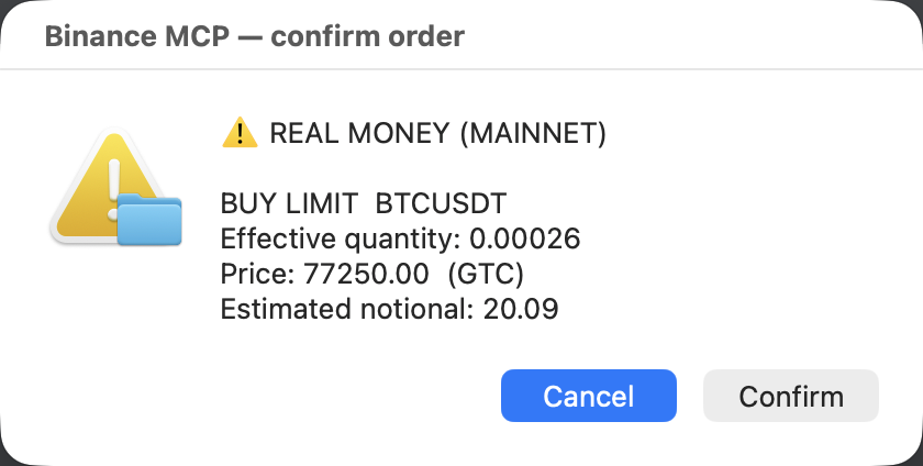 The native macOS confirmation dialog: REAL MONEY (MAINNET) banner, exact order fields, Cancel as the default button