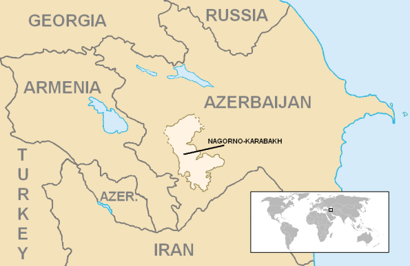 A world map showing Armenia and bordering country Azerbaijan, with the self-declared Republic of Nagorno-Karabakh in Azerbaijan.