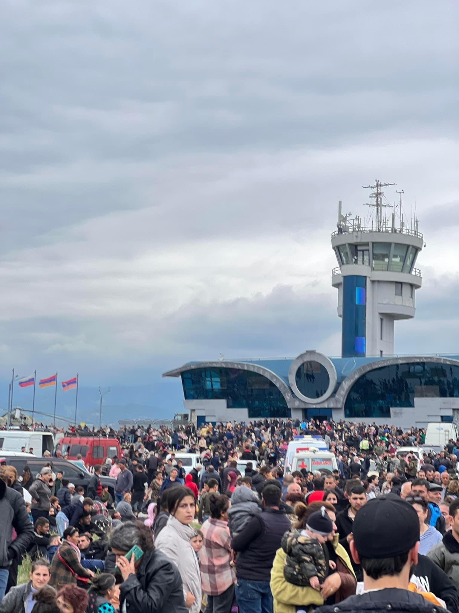 Armenian refugees crowded on the runways of Stepanakert Airport