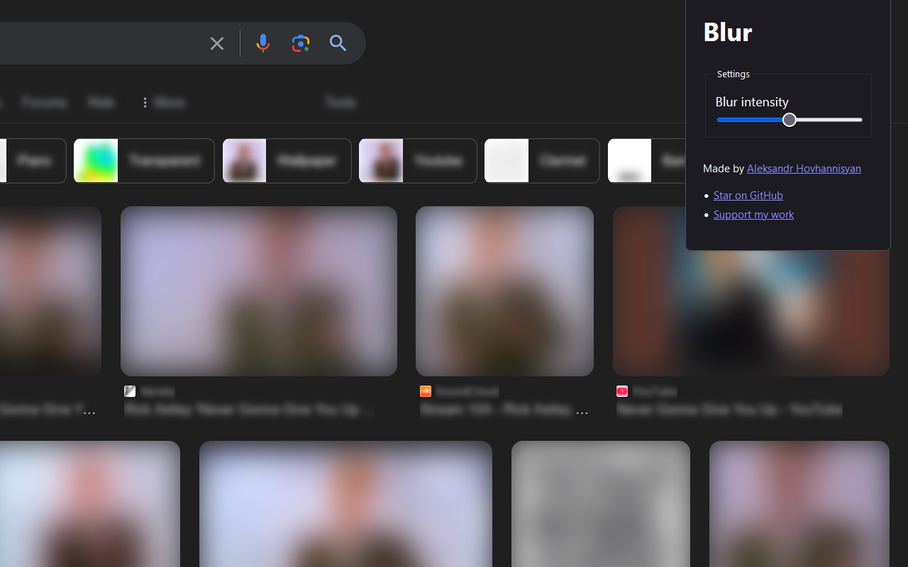 Google image search results blurred out. The browser address bar has a popup open for the extension, with a range slider to change the blur intensity.