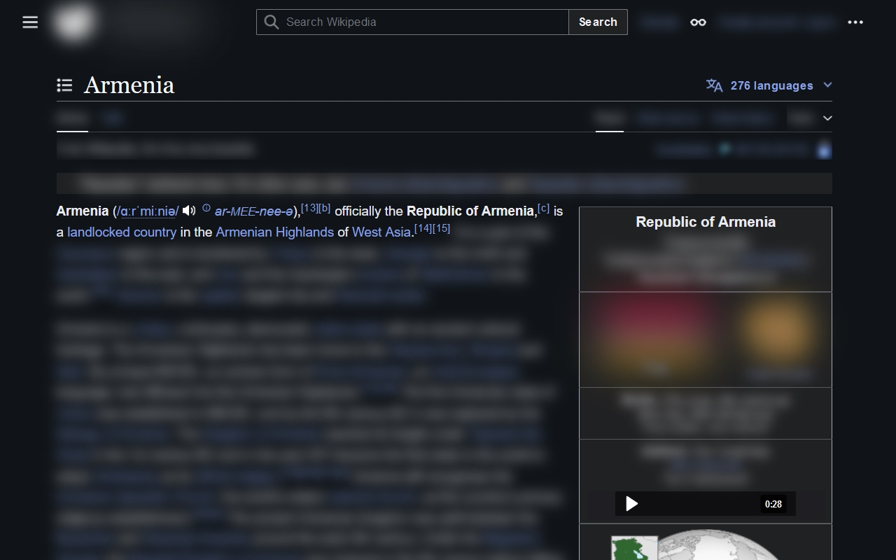 Wikipedia article on Armenia, with most text and images blurred out.