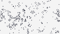 A white screen with black dots and patterns/shapes representing cellular automata that die and come to life depending on their neighboring conditions.