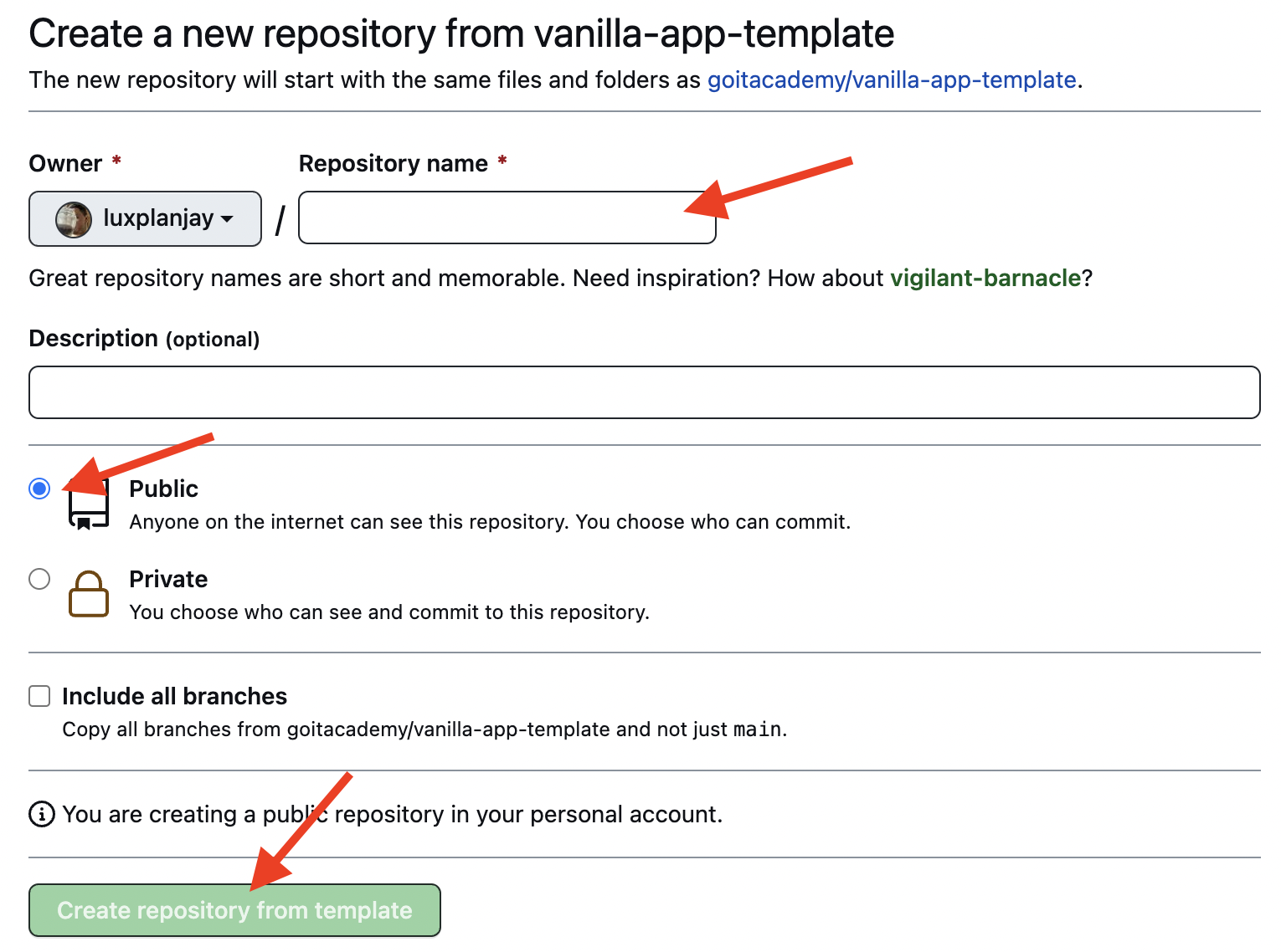 Creating repo from a template step 2
