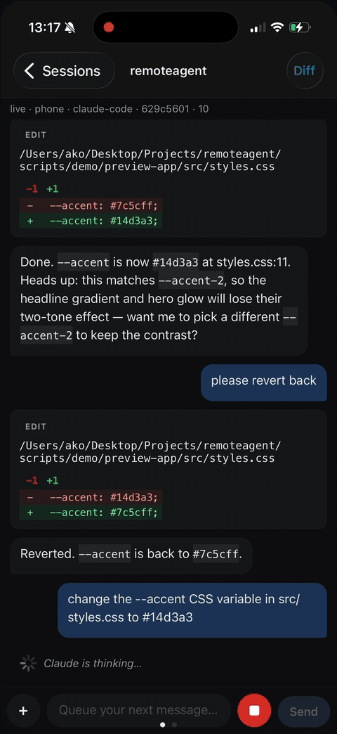 Type a prompt on your phone. Watch the dev server reload — live, in the same app.