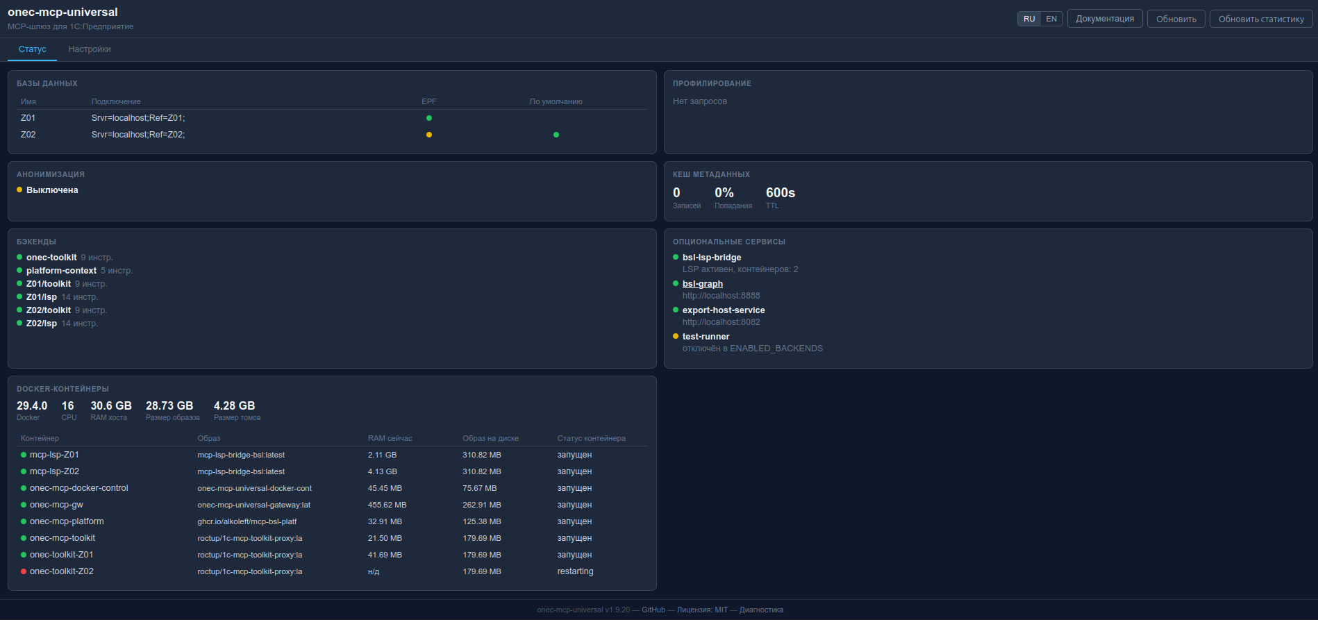 Dashboard — вкладка «Настройки»