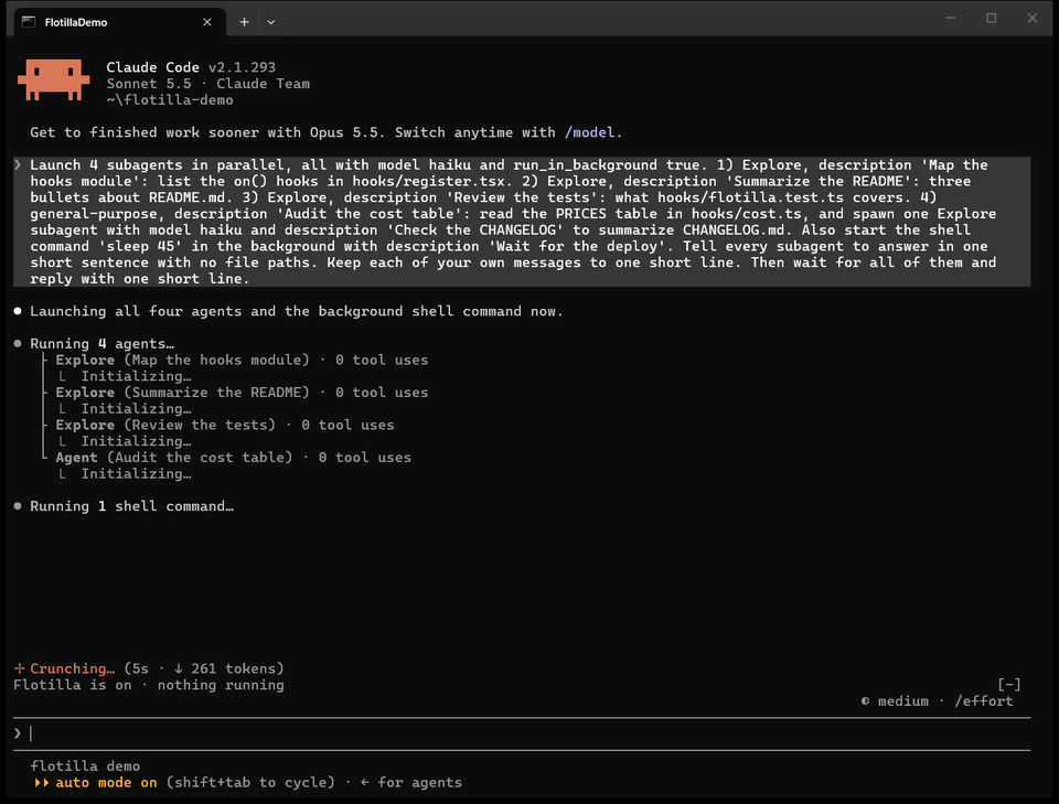 Flotilla tracking four Haiku subagents, a nested subagent and a background shell command above the Claude Code prompt