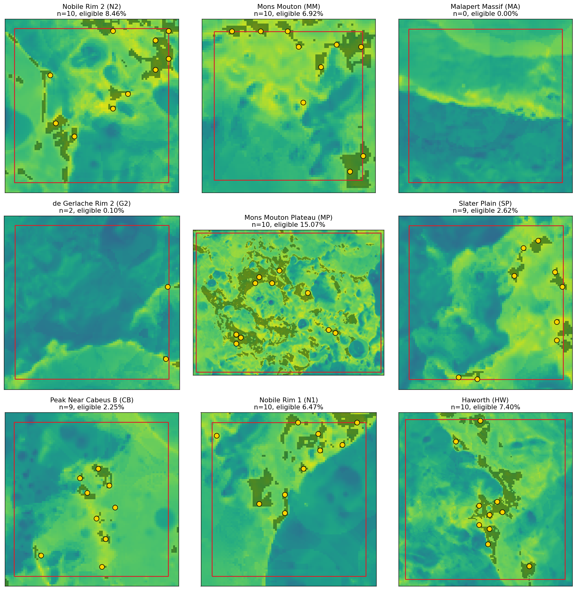 Per-region HLS-eligibility maps for all nine USGS polygons