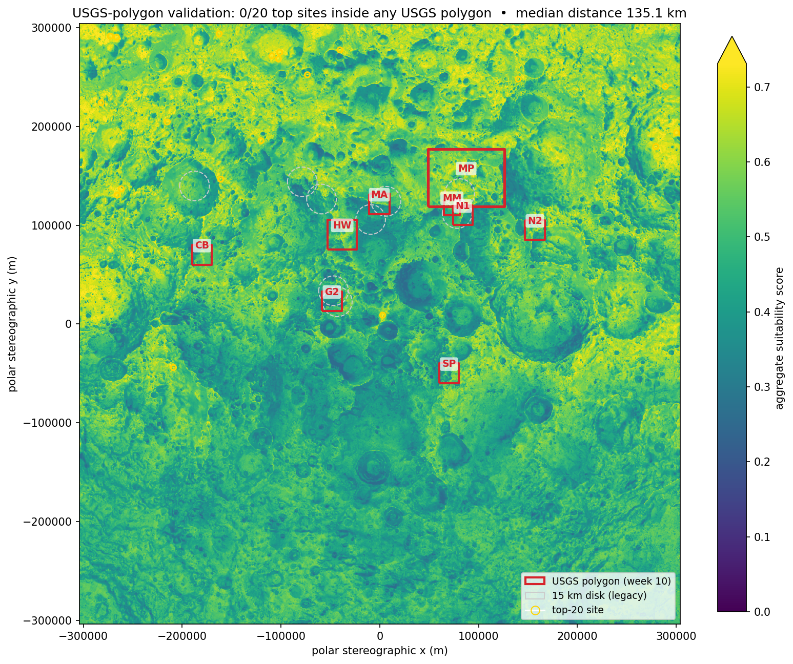 Score map with USGS polygons (red) and 15 km disks (grey, dashed) overlaid