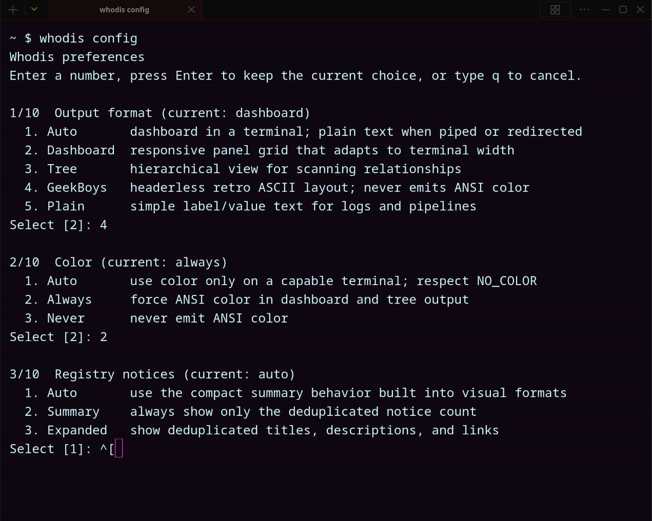 Whodis interactive configuration wizard showing output format and color choices
