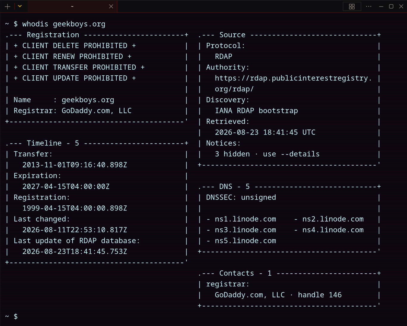 Whodis GeekBoys ASCII output for geekboys.org